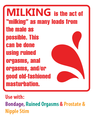 MILKING is the act of 'milking' as many loads from the male as possible. This can be done using ruined orgasms, and anal orgasms, and/or good old-fashioned masturbation.
