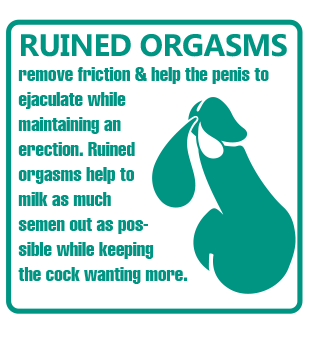 RUINED ORGASMS remove friction & help the penis to ejactulate while maintaining an erection. Ruined orgasms help to milk as much semen out as possible while keeping the cock wanting more.